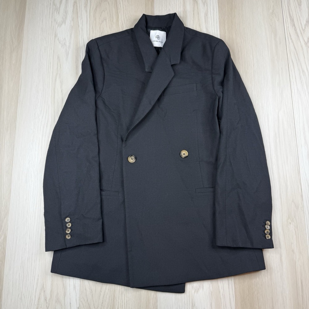Anine Bing Kaia Black Double Breasted Blazer Jacket Size L Large Wool Blend